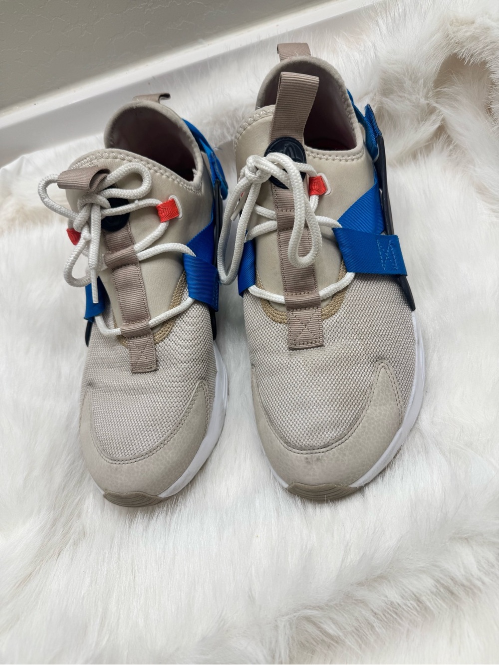 Nike Women's Taupe Sneakers with Blue Strap Accents
